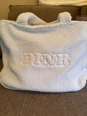 PINK Sherpa Tote Bag in light blue